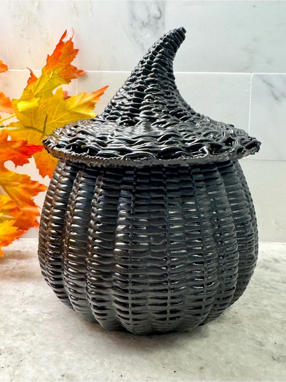 New Halloween RESIN Faux Wicker Black Jack-o'-Lantern Pumpkin w/ Tea Light - 7”